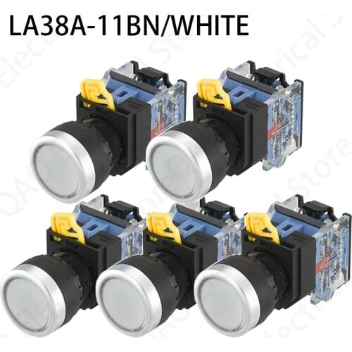 5PCS LA38A-11BN Quality Sliver Contact Push Button Switch On/Off Momentary/Latching 22mm white