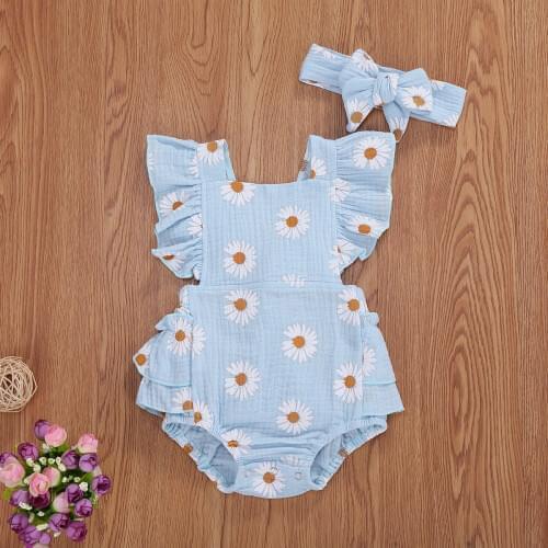 Baby Girls Daisy Playsuits Ruffled Bodysuit+Headaband 2pcs Sets Print Fly Sleeve Romper Floral Jumpsuit Infant Summer Clothes