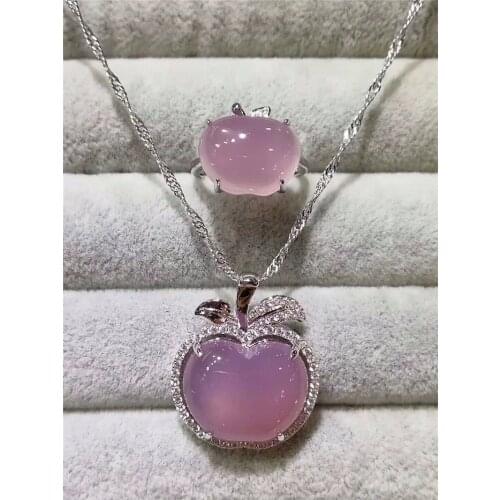 LETSFUN Fine Jewelry 925 Silver Inlaid Natural Chalcedony Apple Pendant Necklace Ring Set Gifts Free Shipping
