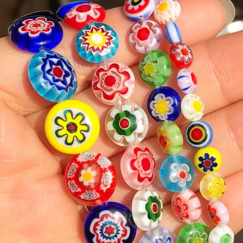 Round Millefiori Flower Patterns Stripe Lampwork Glass Rondelle Beads for Jewelry Making DIY Bracelet Accessories 6 8 10 12mm