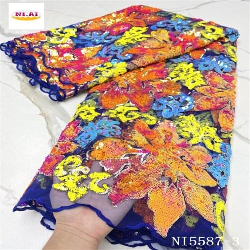 Hot Sale New Lace Fabric Materials Simple And Noble Design Sequined Embroidered Orange Lace For Women African Dresses NA5587B-3