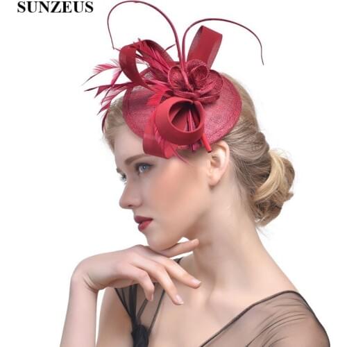 Burgundy Linen Hats for Womens Party Hair Accessories Feathers Elegant Wedding Hats for Bridal tocados sombreros bodas SH28