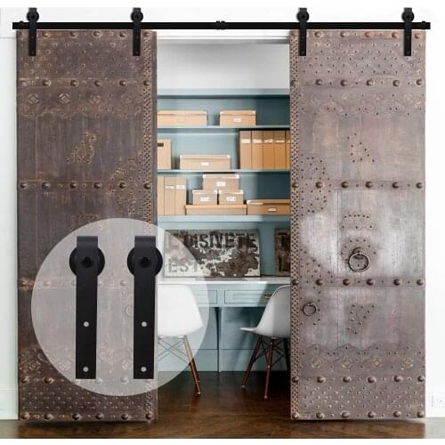 LWZH European Wood Barn Door 6FT/6.6FT/7FT/7.5FT/8.2FT/9FT Black Steel Sliding Barn Door J- Shaped Track Roller for Double Door