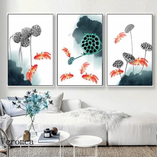 Fish And Lotus Chinese Style Wall Art Canvas Painting Posters And Prints Wall Pictures For Living Room Home Decoration No Frame