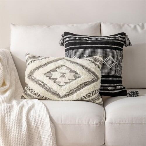 DUNXDECO Bohemia Tufting Counch Cushion Cover Decorative Pillow Case Simple Gray Geometric Cozy Sofa Chair Coussin