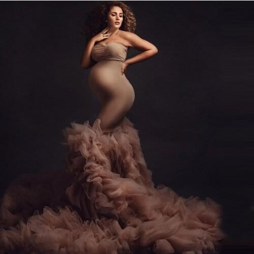 New Arrival Mermaid Pregnancy Gowns Strapless Stretchy Tulle Ruffles Women Plus Size Maternity Dresses For Photo Shoot