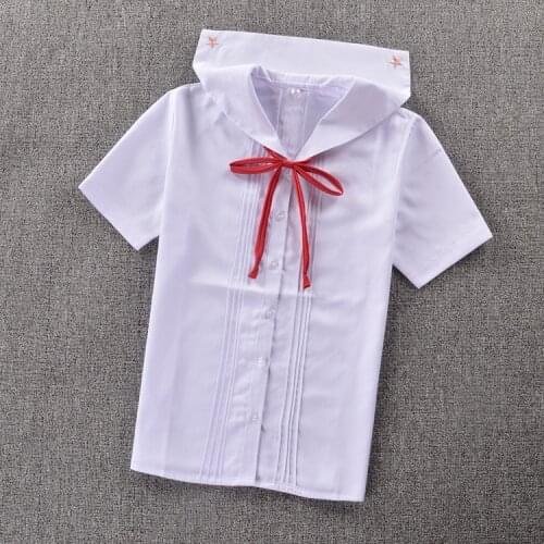 Super Cute ! Schoolgirl Sailor Collar short-sleeve White shirt " front back organ pleated " Pentagram embroidery