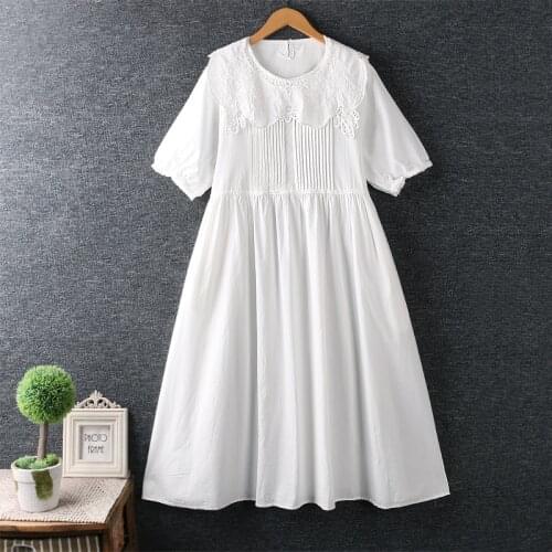 Lamtrip Vintage Cotton Peter Pan Collar Short Sleeve Pleated Loose Dress 2021Summer