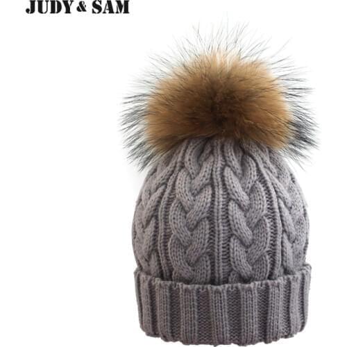 Cable Knitting Women Hat With Raccoon Fur Pom Poms Warm Winter Colorful Hip Hop Men Cap