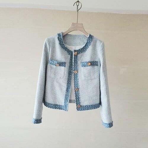 New Arrival Runway French Luxury Fall Brand Tweed Blue Jackets Womens Coat Long Sleeve Jacket Female Outerwear Casacos