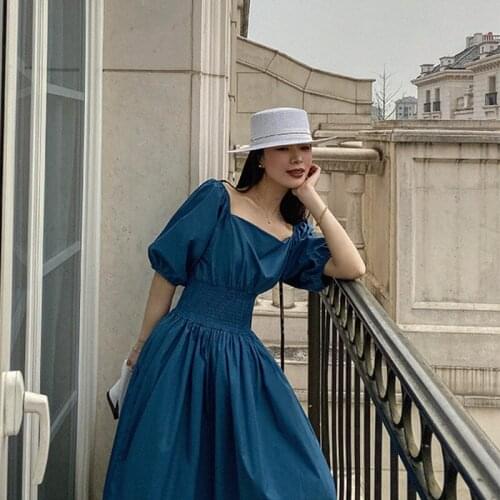 Blue Puff Sleeve Dress Womens Spring and Autumn 2021 New Design Sense Niche French High-End Affordable Luxury Skirt Ins