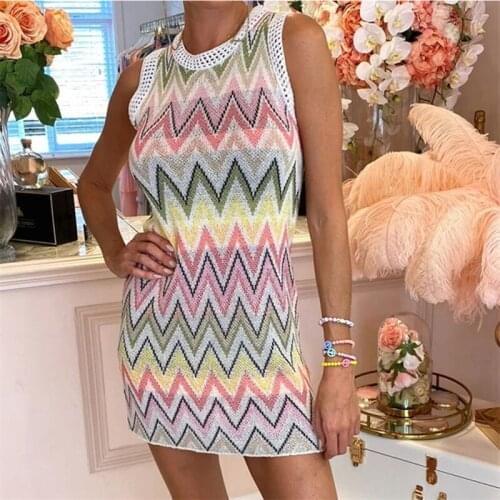 Knitted Hit Color Boho Women Mini Dress Ladies Sleeveless Striped Patchwork A-line Dresses Autumn Summer Female Fashion Dress