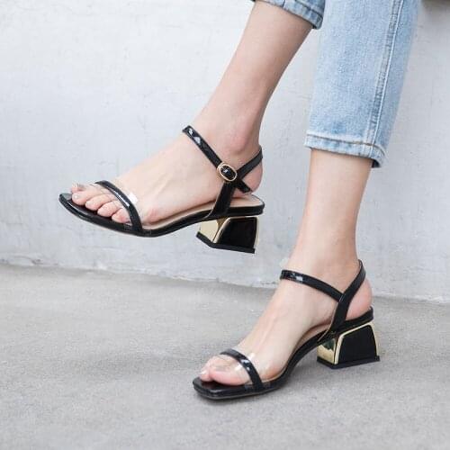 Sequined Cloth Stitching Patent Leather One Word Buckle Female Sandals Square Toe Thick Heel Summer Cool Fashion Sandals