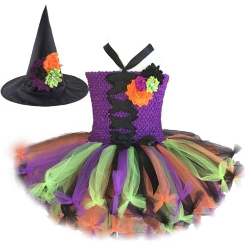 Witch Tutu Dress for Baby Girls Halloween Party Costumes for Kids Fancy Dresses with Flower Hat Children Cosplay Outfit 1-14Y