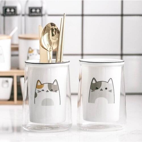European Cartoon Cute Cat Ceramic Chopsticks Draining Rack Kitchen Knife Spoons Forks Storage Box Household Tableware Holder