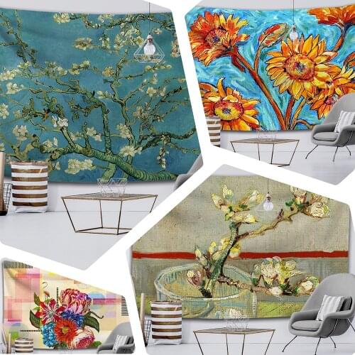 Plants Flower Tapestry Retro Oil Painting Wall Hanging Wild Flower Plant Print Psychedelic Living Room Decoration