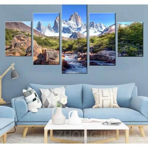 HD Printed Pictures Frame Canvas 5 Panel Natural Snowy mountains and rivers Landscape Painting Living Room Home Wall Art Decor