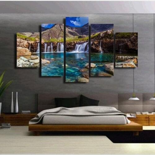 HD Prints For Living Room Home Decoration Wall Pictures 5 Panel Waterfall Mountain Artworks Paintings Canvas Cuadros Poster