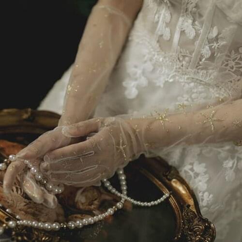 Korean Female Thin Mesh Bow Sunscreen Driving Gloves Sexy Lace Summer Transpare Star Diamond Full Finger UV Cycling Mittens L98