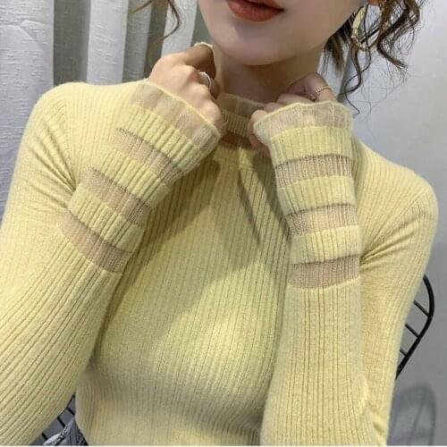 Lace Sweater New Half-high Collar Long-sleeved Knit Sweater Slim Black Lace Bottoming Shirt Western Style Thin Sweater Women