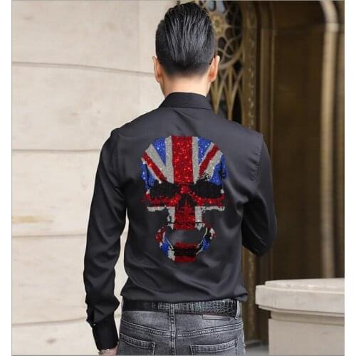 Mens Hot Drill Skulls Shirts Casual Long Sleeve Rhinestone high quality Shirt summer Mens Top Blouse