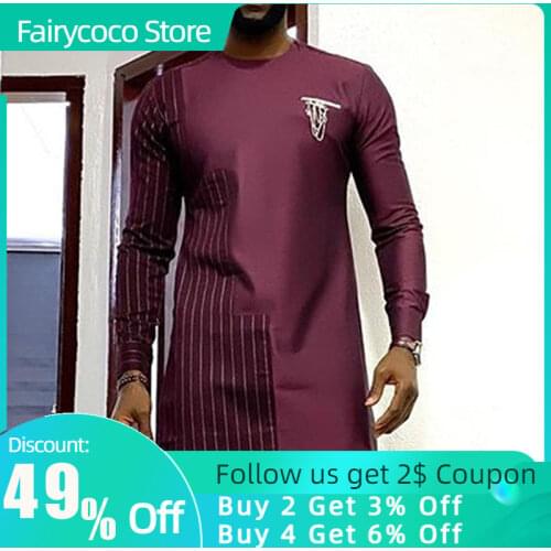 2021 African Men Shirt Mid Length T-shirts Round Neck Long Sleeve Tops Male Spring Traditional Pullover Plus Size Slim Dashiki
