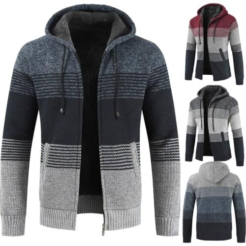 Sweater Coat Men 2019 Winter Thick Warm Hooded Cardigan Jumpers Men Striped Cotton Wool Liner Zipper Fleece Coats Men