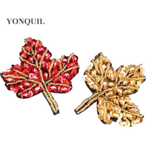Red Gold leaves style rhinestone sew on patches applique Maple for clothing bag hats diy jewelry accessories 12pcs/lot SYBB128