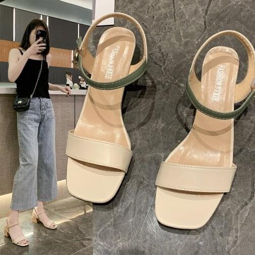 New 2021 Summer Sandals Knitted Buckle Fish Mouth Ankle Strap 4cm Middle Heel Yellow Green Black Beige Large Size 42