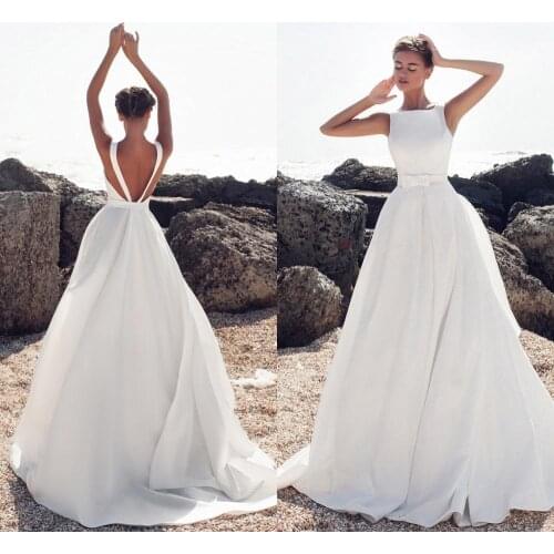 New A line Wedding Dress Boat Neck Satin Vintage Wedding Gowns Elegant Backless Bride Dresses Vestido De noiva Mariage 2021