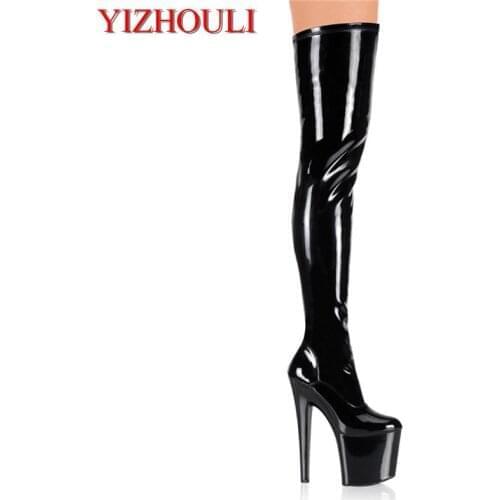 Sexy over-the-knee boots with 17cm heels, stage party runway shoes, and pole dancing boots for models with 7-inch zipper opening