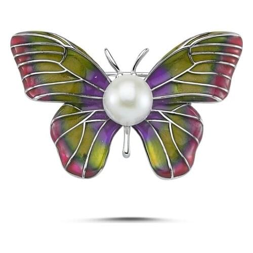 Silverlina Silver Pearl & Enamel Butterfly Brooch