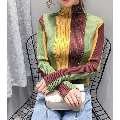 2021 Fall Winter European Clothes Sweater Women Chic Patchwork Shiny Diamonds Knitted Tops Pullovers Ropa Mujer All Match New