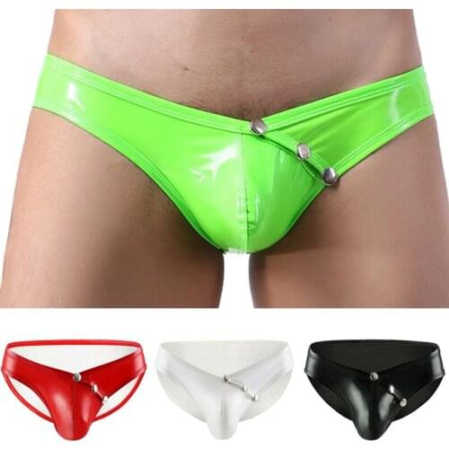 Mens sexy underwear low-waist imitation leather briefs patent leather underwear sexy U convex alternative show buttons