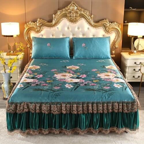Thicken Ice Silk Bedding Bed Skirt Home Textile Bedding 3pcs/set(1Bed Skirt + 2pcs Pillowcase) Bed Sheet King/Quee Bed F0595