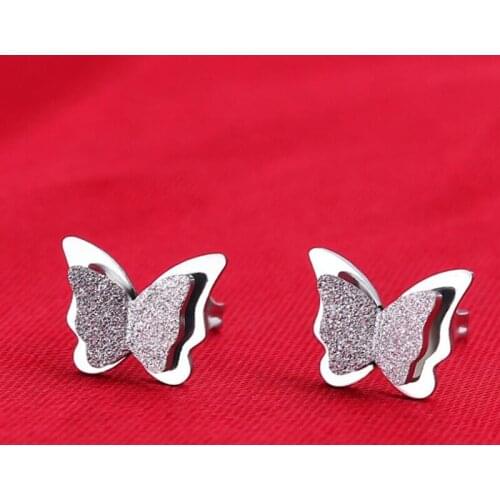 Yiustar Romantic Sweet Butterfly Earrings for Women Tiny Smooth and Scrub Butterfly Stainless Steel Cartoon Stud Earrings Gift