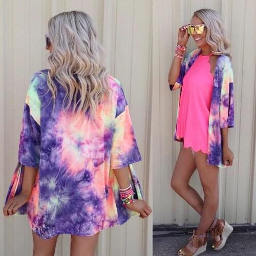 Women Printing Cover-Ups Tie-Dye Rainbow Multicolor Beach Kimono Long Cardigan Blouse Shawl Smock Tops beachwear pareo