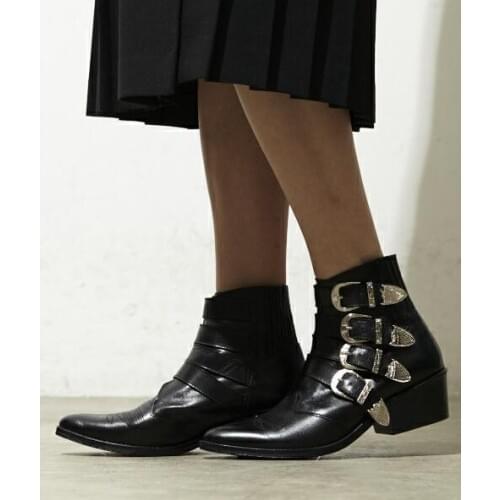 2018 Spring Fashion Smooth Leather Women Ankle Buckles Boots Sexy Pointy Toe Ladies Chunky Heel Ankle Boots Knight Style Boots
