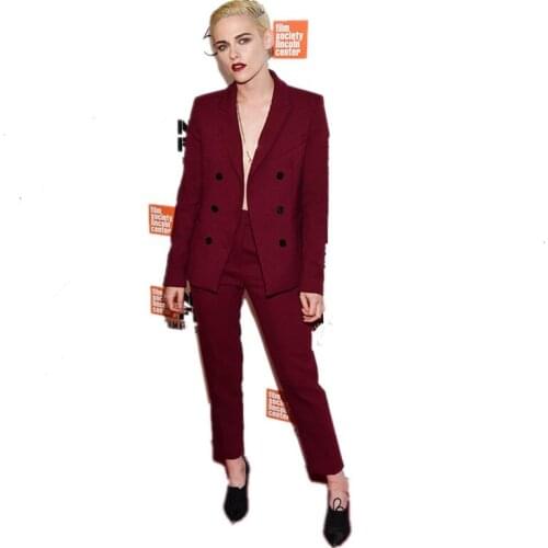NEW Burgundy Double Breasted 2 piece sets women business suits elegant pant suits for women tuxedo ladies winter formal suits