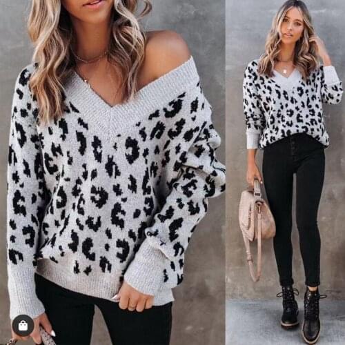 High Quality Women V Neck Slim Long Sleeve Soft Knitted Pullover Keep Warm Elegant Fashion Sexy Leopard Korean Version Sweater