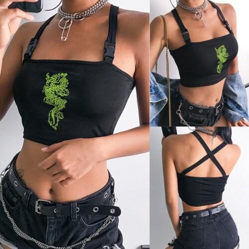 Women Embroidery Sexy Buckle Vest Boob Tube Crop Top Exposed Navel Camisole Tank Tops Summer
