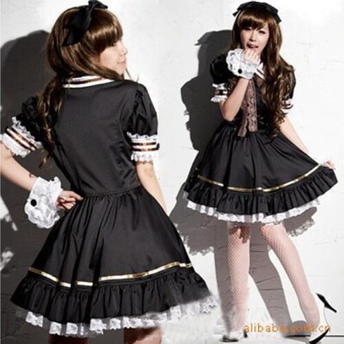 Women Girl Japan Anime Lolita Black Dress Cosplay Coffee Maid Costume Flared Bottom Puff Bishop Sleeve