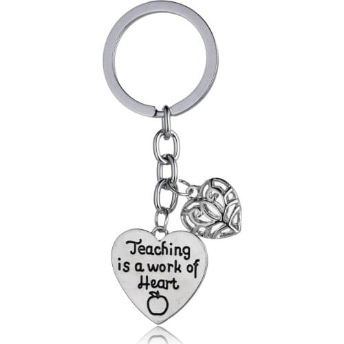 36PC Teaching Is A Work Of Heart Keyrings Hollow Heart Charm Pendant Keychains Women Men Teachers Day Gifts Graduation Gift Hot
