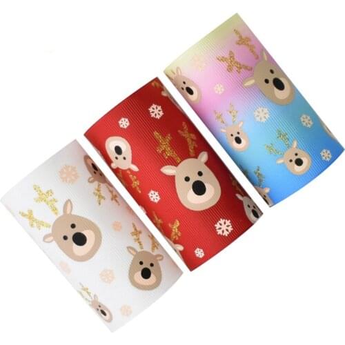 50yards 75mm Gold Glitter Ink Printed Christmas Deer Head Snowflake Grosgrain Ribbon For DIY Accessories Welcome Custom Printed