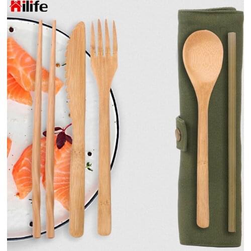 6pcs/Set Bamboo Portable Tableware With Cloth Pack Gift Dinner Set Travel Dinnerware Suit Kitchen Accessories Wooden Cutlery Set