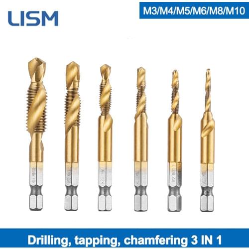 6pcs Metric Thread HSS Drill and Tap Bits M3-M10 Hex Shank Titanium Plated Screw Thread Metric Tap Drill Bits Hand Tools Set