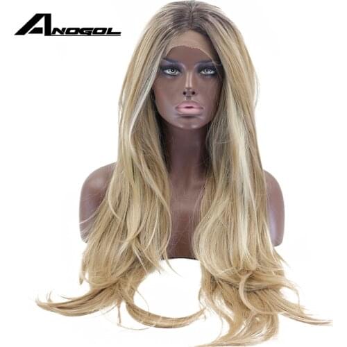 Anogol Long Brown Ombre Blonde Highlight High Temperature Fiber Natural Wave Synthetic Lace Front Wig For Women American African