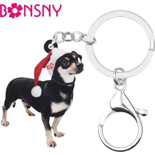 Bonsny Acrylic Christmas Hat Chihuahua Dog Key chain Animal Key Rings Bag Car Purse Decoration Accessory For Women Girl men Gift