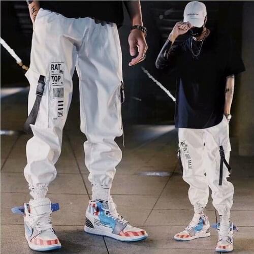 Casual Mens Cargo Pants Hip Hop Harajuku Streetwear Ribbons Men Trousers Fashion Jogging Elastic Waist Running Sweatpants Men