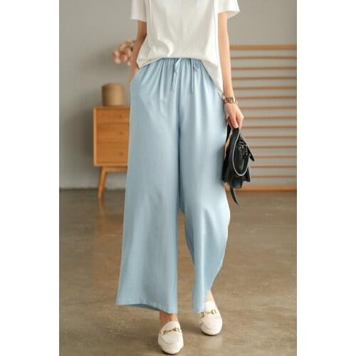 21New Women Pants Summer Sweet Style Loose Solid Color Elastic Waist Sashes Female Wild Full-Length Wide Leg Trousers Linen